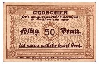 Аверс банкноты 50 fenigów Ammerländisches Bauernhaus (Niemcy) 1921