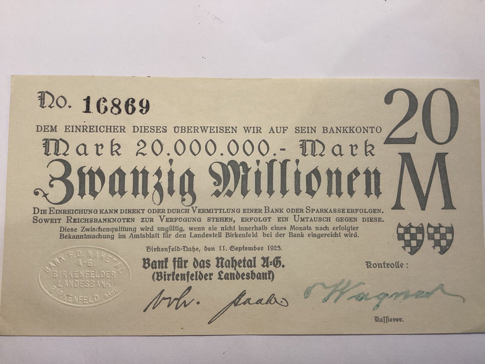 Аверс банкноты 20000000 марок Birkenfelder Landesbank (Германия) 1923 года