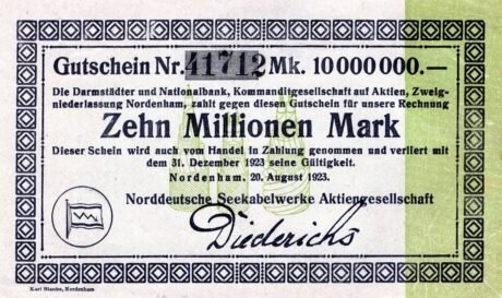 Аверс банкноты 10000000 marek Norddeutsche Seekabelwerke (Niemcy) 1923