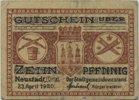 Аверс банкноты 10 fenigów (Niemcy) 1920