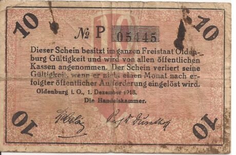 Аверс банкноты 10 fenigów Handelskammer (Niemcy) 1918