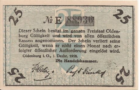 Реверс банкноты 25 fenigów Handelskammer (Niemcy) 1918