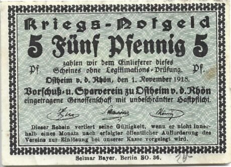 Аверс банкноты 5 fenigów Vorschuß- und Sparverein (Niemcy) 1918