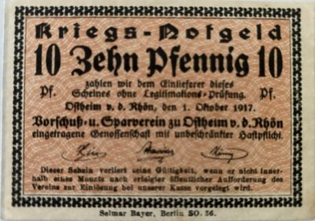 Аверс банкноты 10 fenigów Vorschuß- und Sparverein (Niemcy) 1917