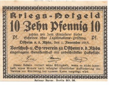 Аверс банкноты 10 fenigów Vorschuß- und Sparverein (Niemcy) 1918