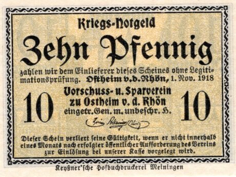 Аверс банкноты 10 fenigów Vorschuß- und Sparverein (Niemcy) 1918