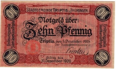 Аверс банкноты 10 fenigów (Niemcy) 1918