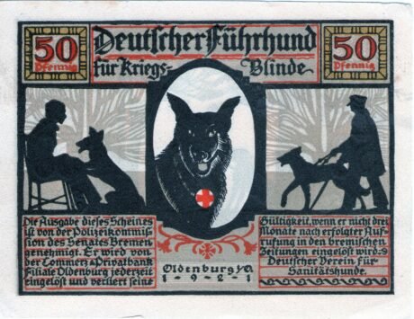 Аверс банкноты 50 fenigów niemieckiego Sanitätshunde (Niemcy) 1921