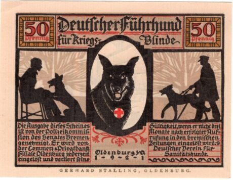 Аверс банкноты 50 fenigów niemieckiego Sanitätshunde (Niemcy) 1921