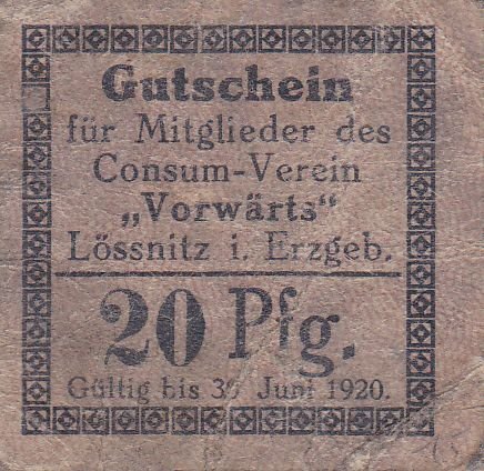 Аверс банкноты 20 fenigów Lößnitz im Erzgebirge; Consum-Verein Vorwärts (Niemcy) 1920