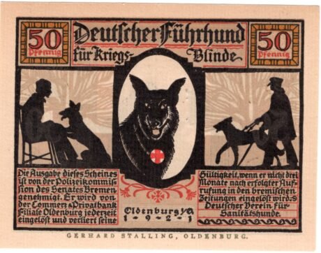 Аверс банкноты 50 fenigów niemieckiego Sanitätshunde (Niemcy) 1921