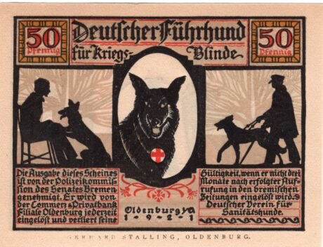 Аверс банкноты 50 fenigów niemieckiego Sanitätshunde (Niemcy) 1921