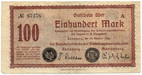 Аверс банкноты 100 marek Amtshauptmannschaften Annaberg und Marienberg (Niemcy) 1922
