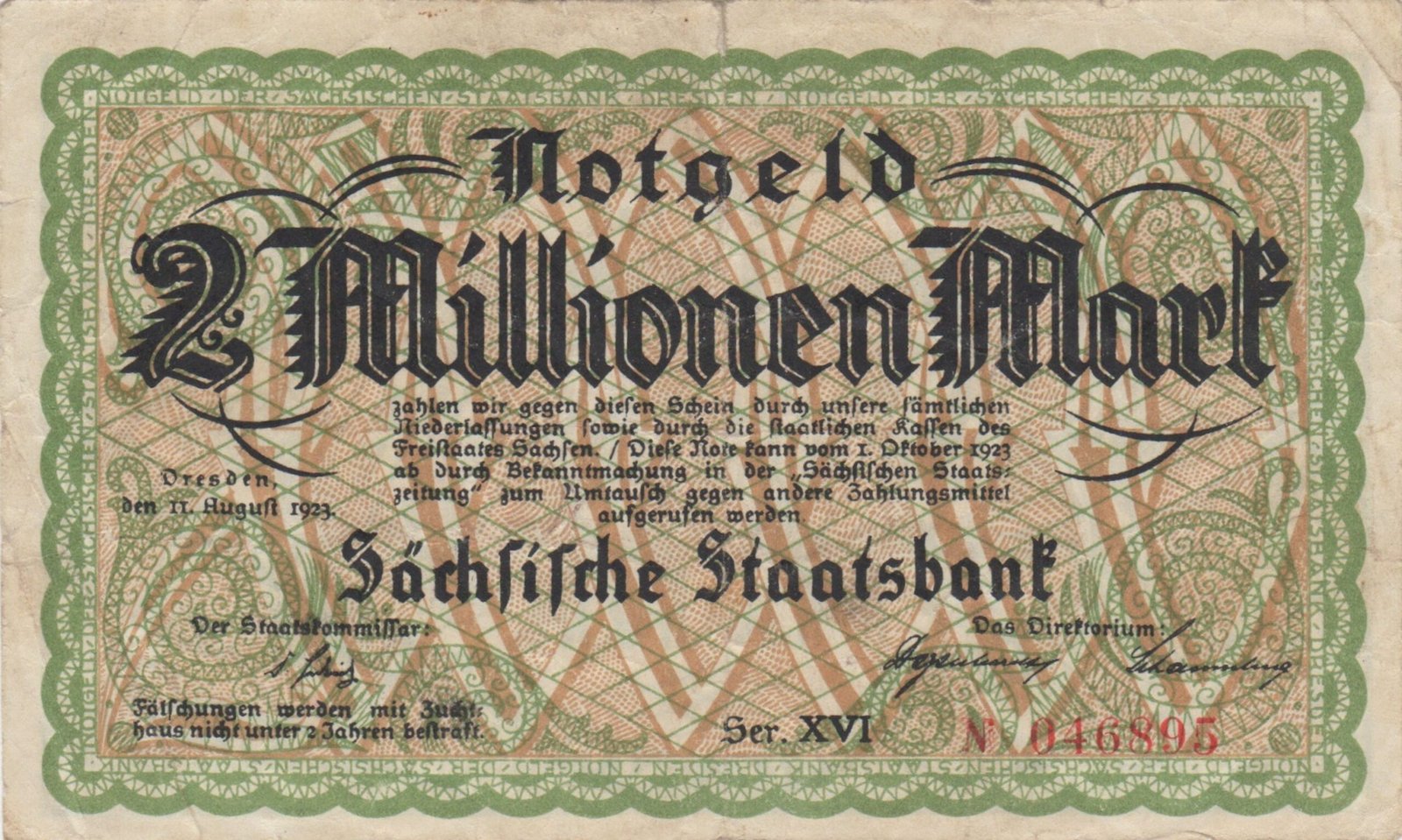 Аверс банкноты 2000000 марок Sächsische Staatsbank (Германия) 1923 года