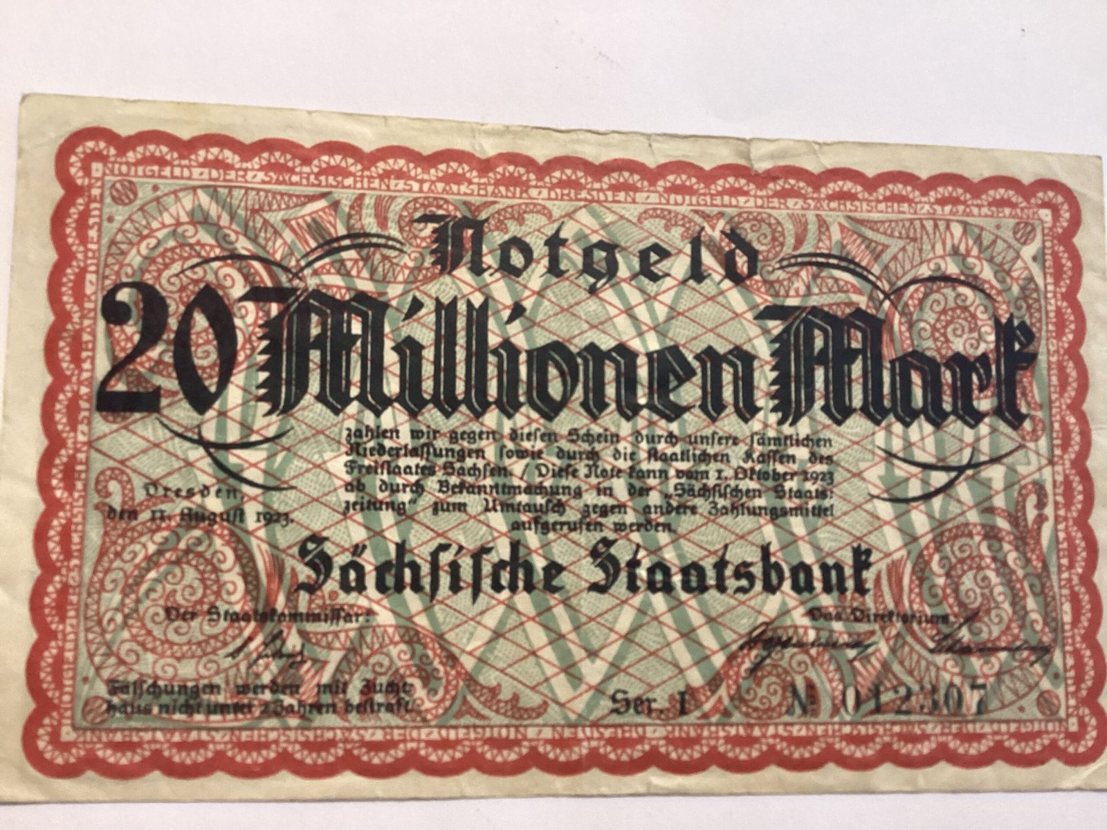 Аверс банкноты 20000000 марок Sächsische Staatsbank (Германия) 1923 года