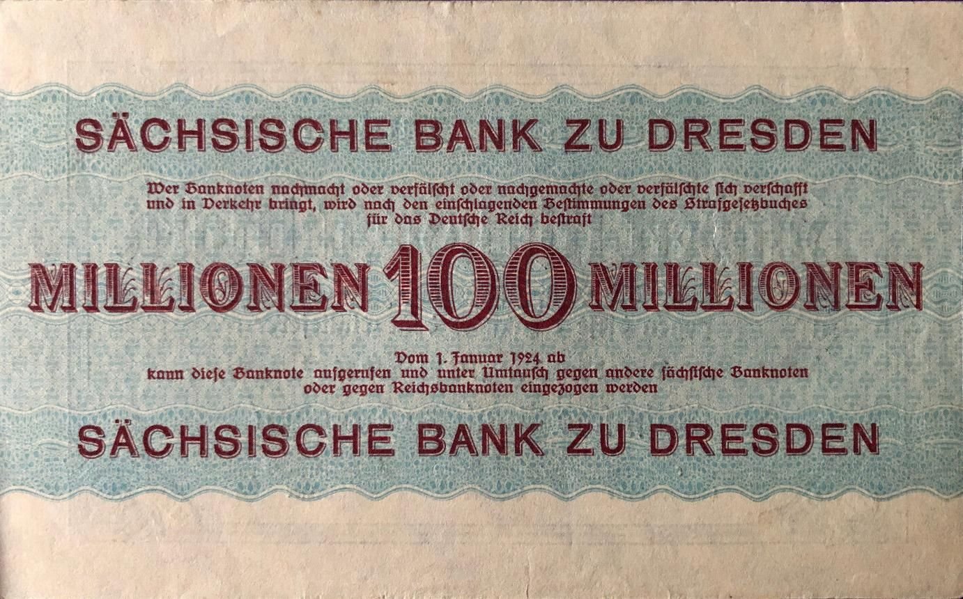 Реверс банкноты 100000000 марок Sächsische Bank (Германия) 1923 года