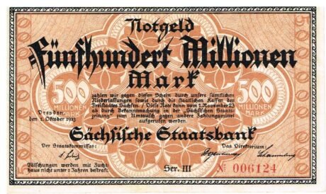 Аверс банкноты 500 000 000 marek Sächsische Staatsbank (Niemcy) z 1923 r.
