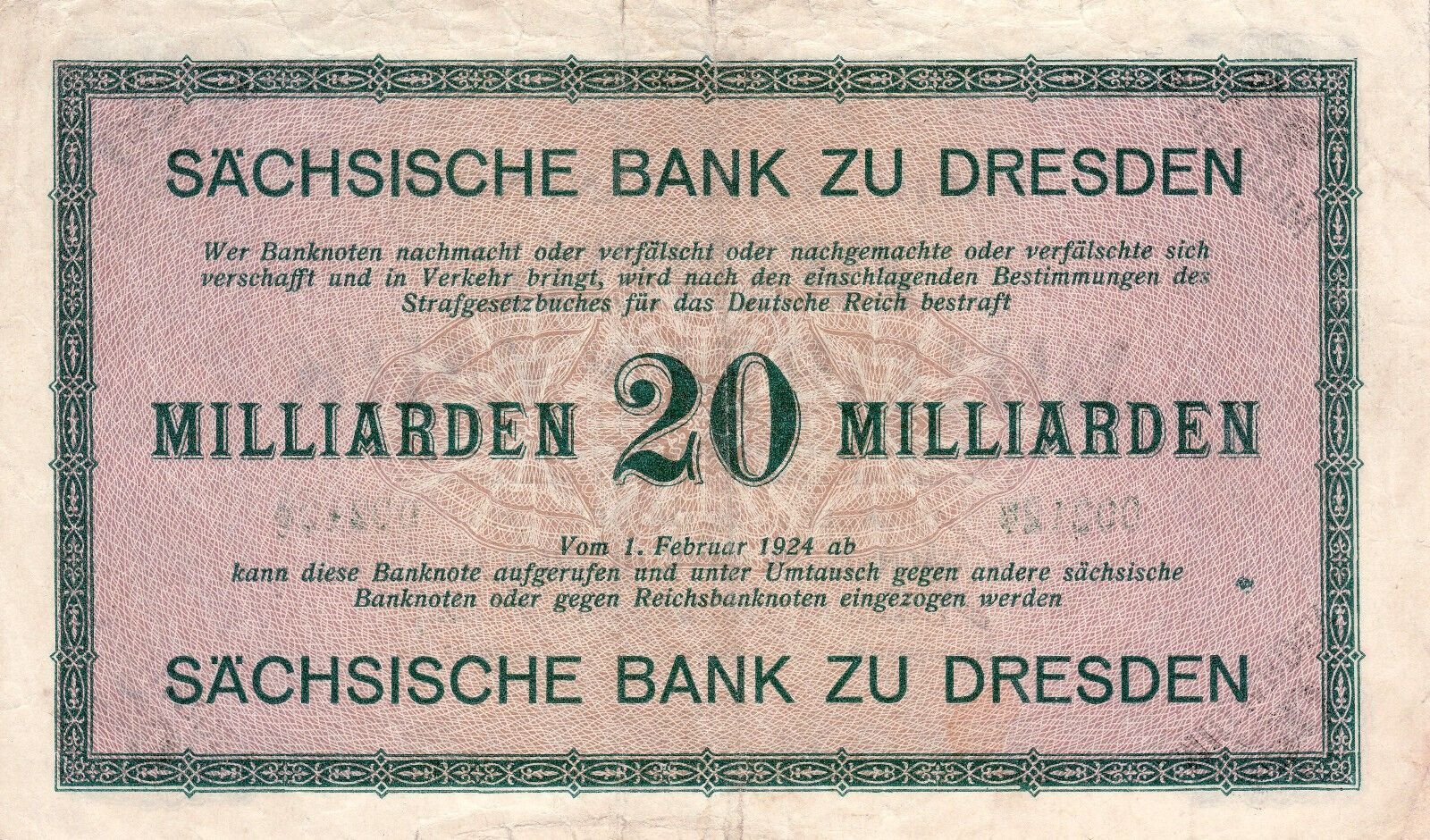 Реверс банкноты 20000000000 марок Sächsische Bank (Германия) 1923 года