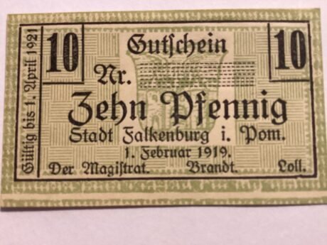 Аверс банкноты 10 fenigów Falkenburg na Pomorzu (Niemcy) 1919