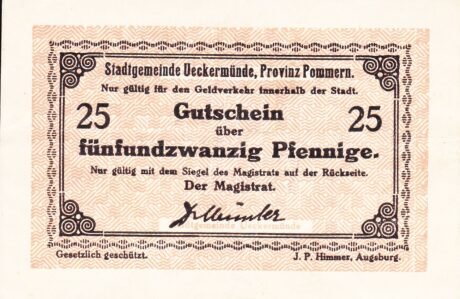 Аверс банкноты 25 fenigów Ueckermünde (Niemcy) 1920