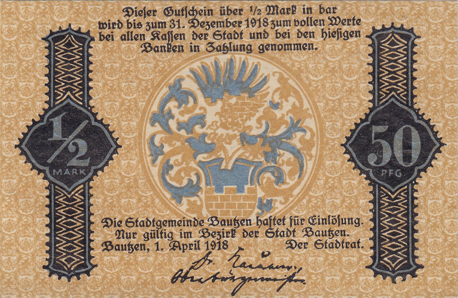 Аверс банкноты 1/2 марки 50 PFG (Германия) 1918 года