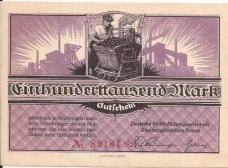Аверс банкноты 100000 marek Braunkohlenwerke Borna (Niemcy)