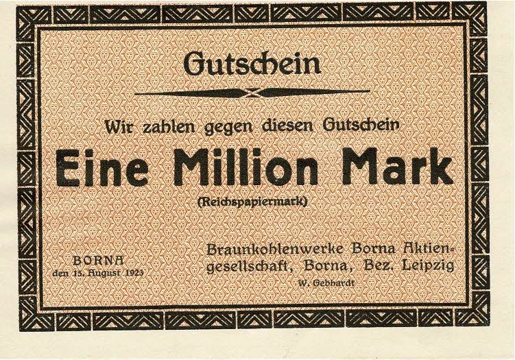 Аверс банкноты 1000000 марок Braunkohlenwerke Borna (Германия) 1923 года