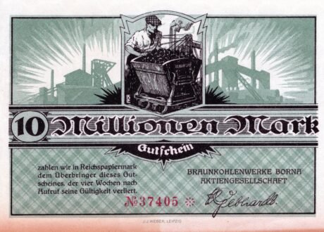 Аверс банкноты 10000000 marek Braunkohlenwerke Borna (Niemcy)