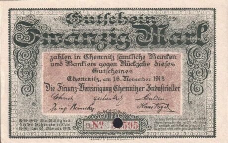 Аверс банкноты 20 znaków Finanz-Vereinigung Chemnitzer Industrieller (Niemcy) 1918