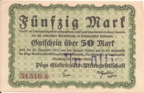 Аверс банкноты 50 marek Pöge Elektrizitäts AG (Niemcy) z 1922 roku