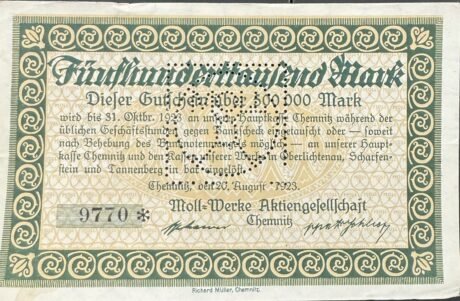 Аверс банкноты 500000 marek Moll-Werke (Niemcy) 1923