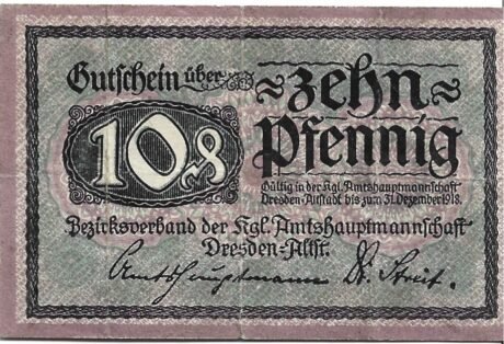 Аверс банкноты 10 fenigów (Niemcy) 1918