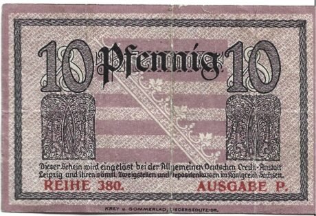 Реверс банкноты 10 fenigów (Niemcy) 1918