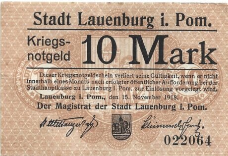 Аверс банкноты 10 marek (Niemcy) 1918