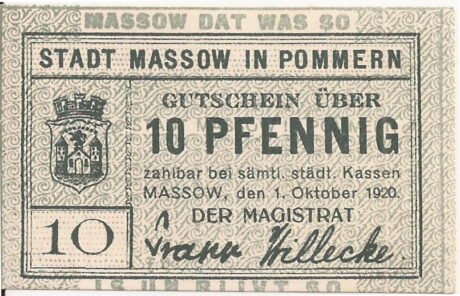 Аверс банкноты 10 fenigów (Niemcy) 1920