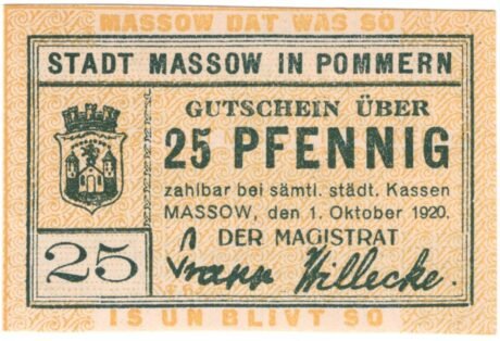 Аверс банкноты 25 fenigów (Niemcy) 1920