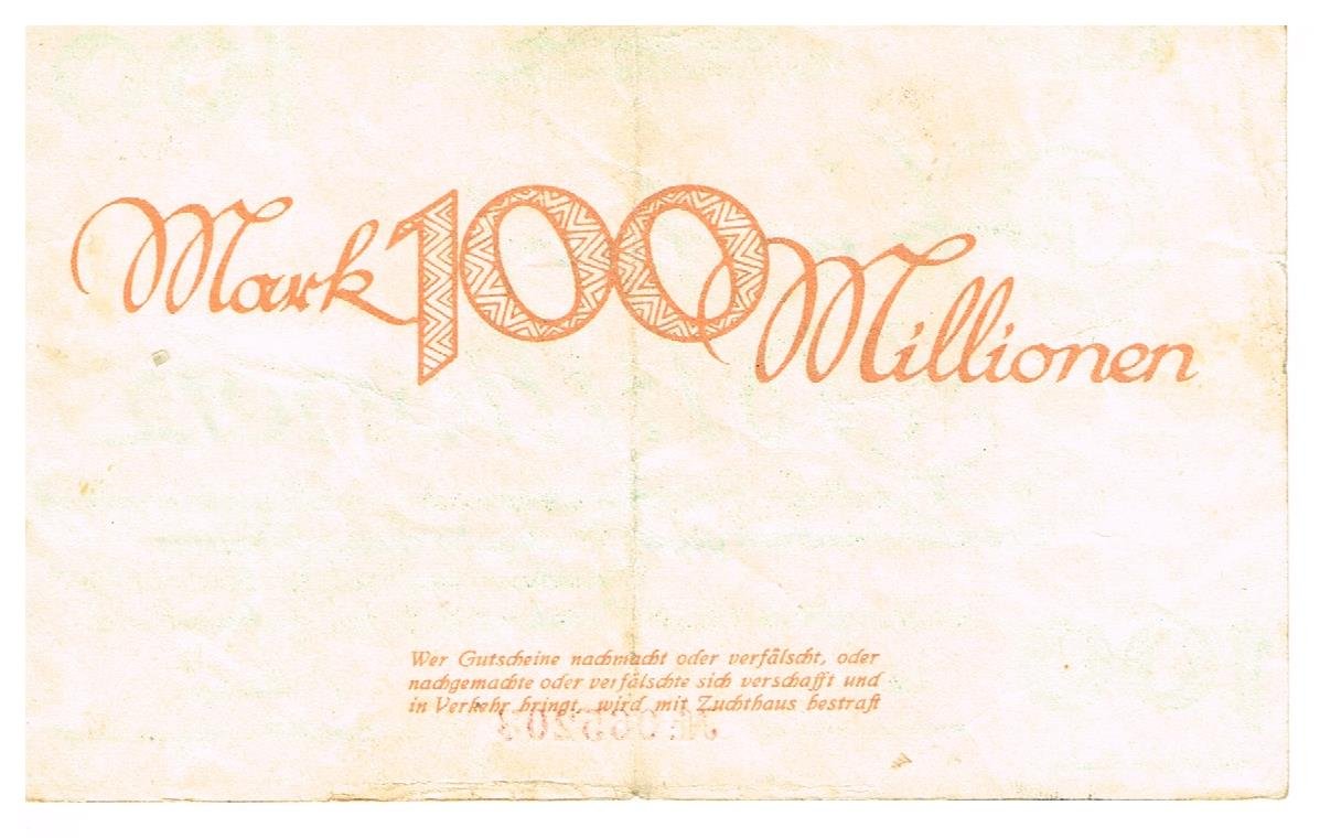 Реверс банкноты 100000000 марок (Германия) 1923 года