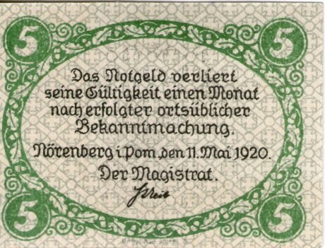 Аверс банкноты 5 fenigów (Niemcy) 1920