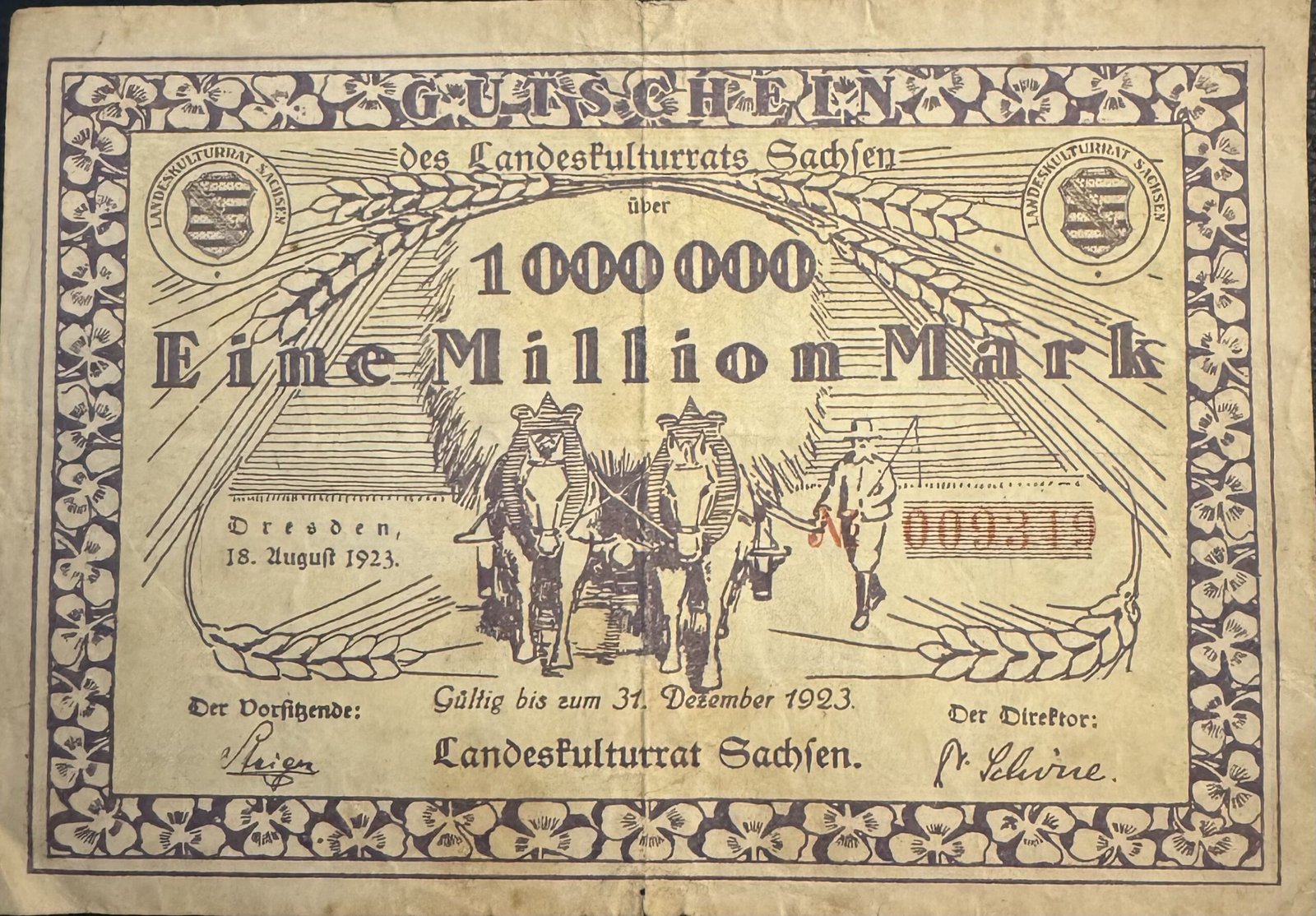 Аверс банкноты 1000000 марок Landeskulturrat Sachsen (Германия) 1923 года