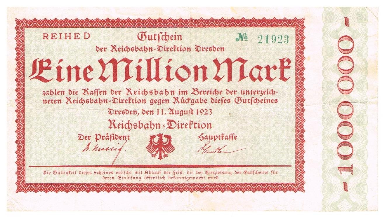 Аверс банкноты 1000000 марок Reichsbahndirektion (Германия) 1923 года