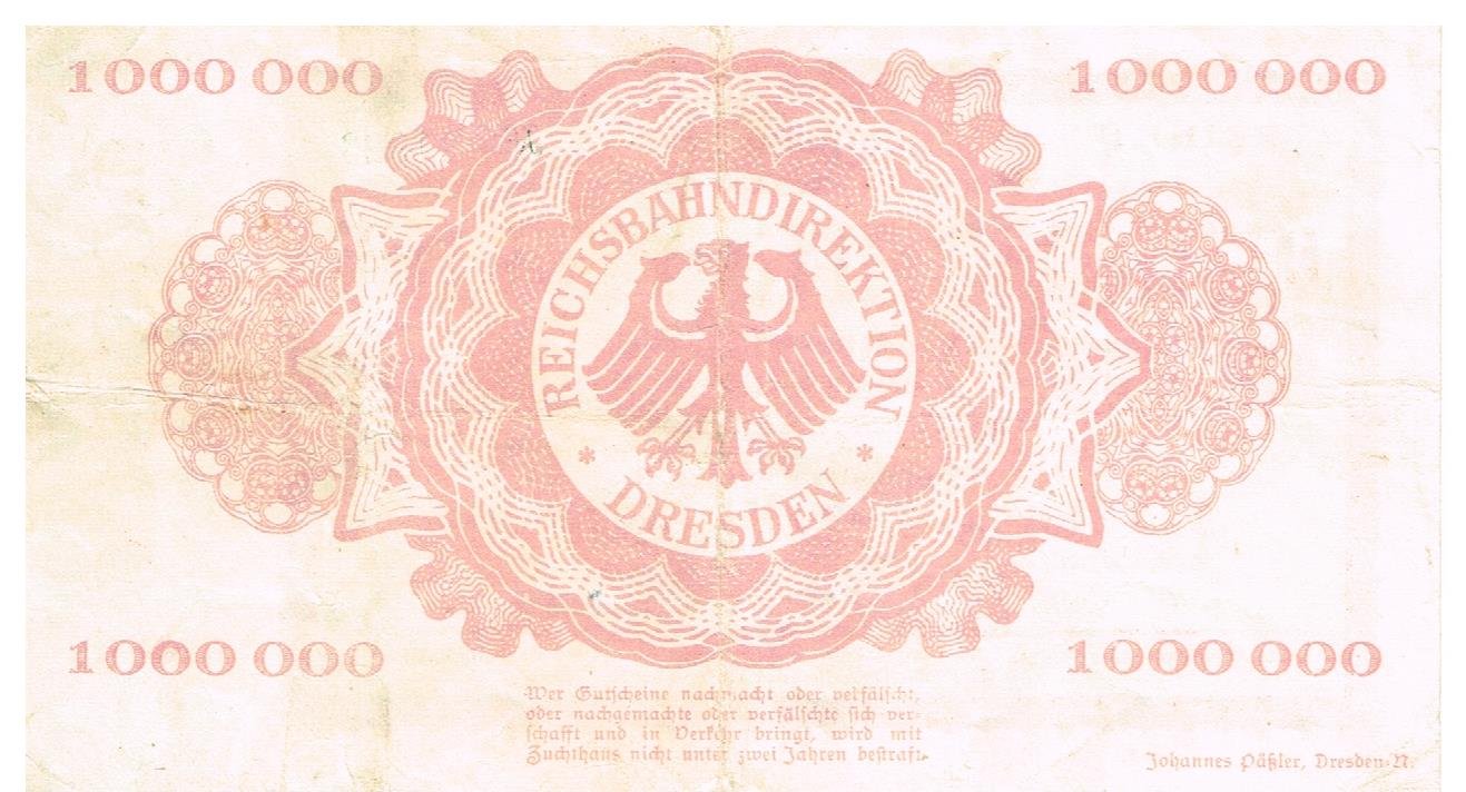 Реверс банкноты 1000000 марок Reichsbahndirektion (Германия) 1923 года