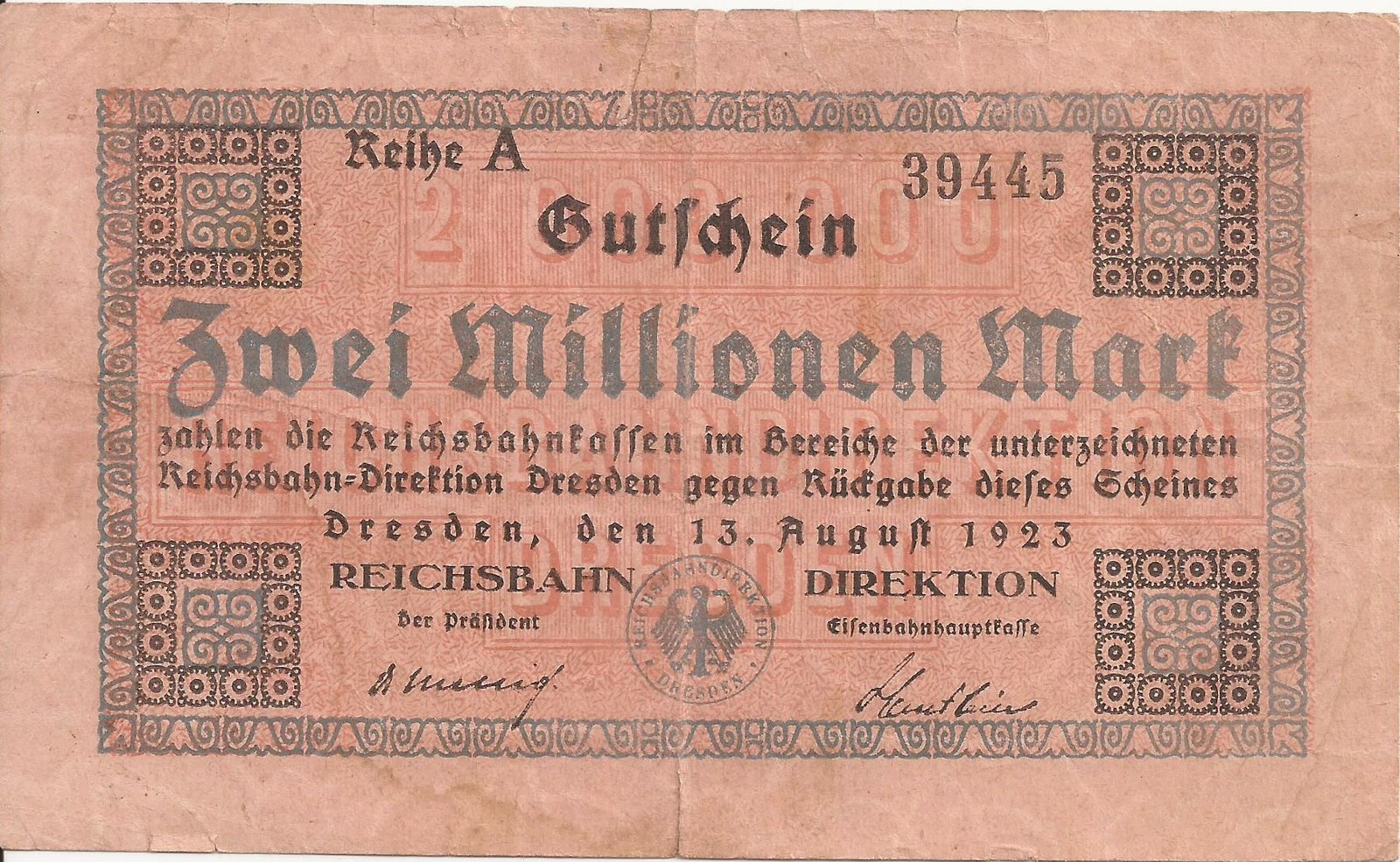 Аверс банкноты 2000000 марок Reichsbahndirektion (Германия) 1923 года