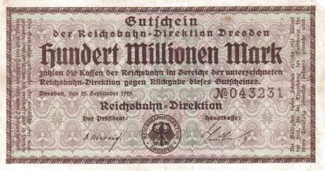 Аверс банкноты 100,000,000 Reichsbahndirektion (Germany) 1923