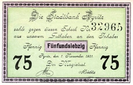 Аверс банкноты 75 fenigów (Niemcy) 1921