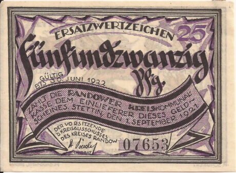 Аверс банкноты 25 fenigów (Niemcy) 1921