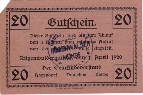 Аверс банкноты 20 fenigów (Niemcy) 1920