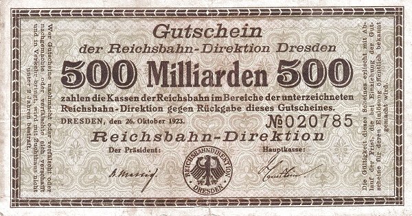 Аверс банкноты 500000000000 марок Reichsbahndirektion (Германия) 1923 года