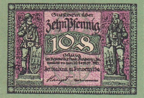 Аверс банкноты 10 fenigów (Niemcy) 1921