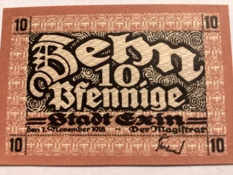 Аверс банкноты 10 fenigów Exin (Niemcy) 1918