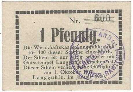 Аверс банкноты 1 fenig (Niemcy) 1920